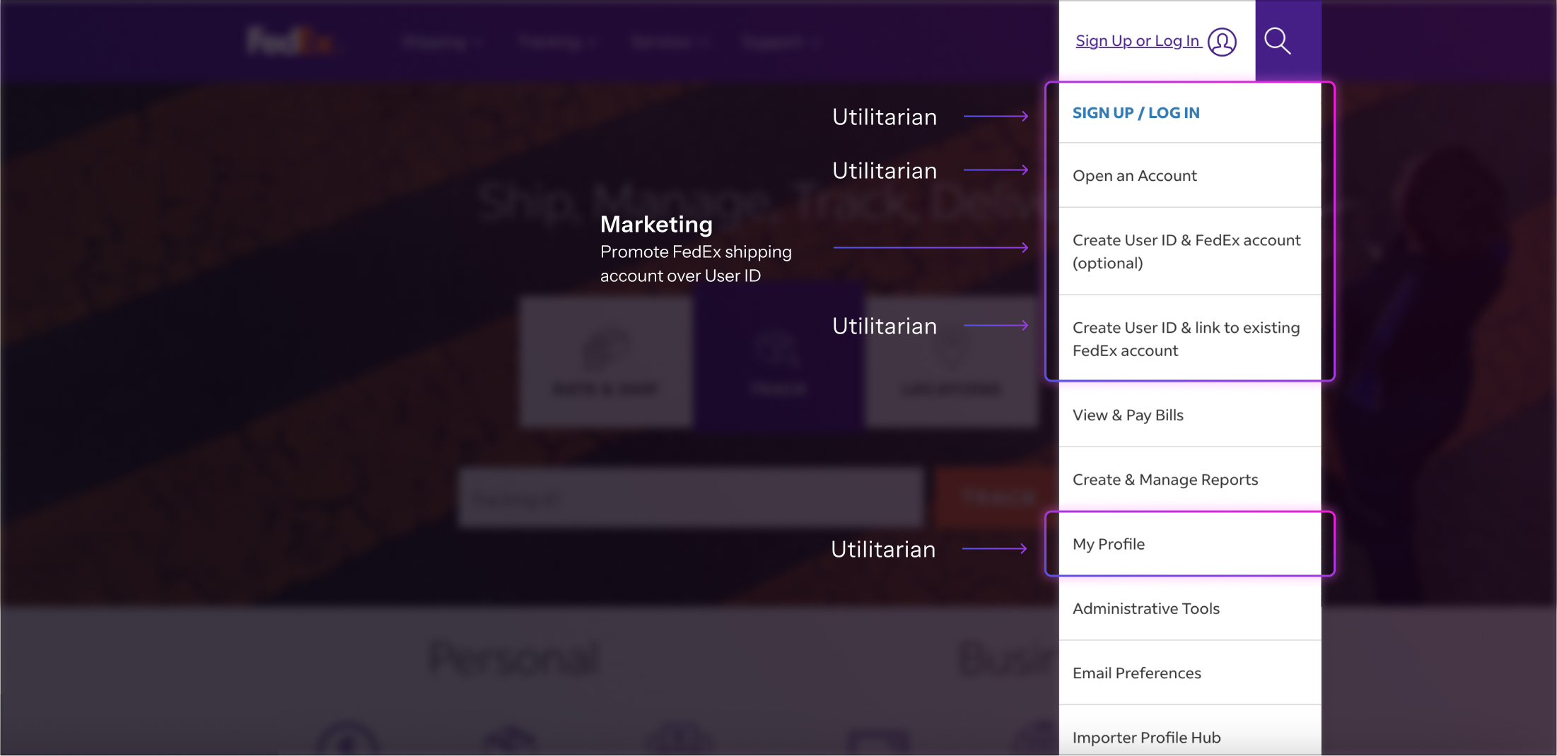 Existing FedEx navigation menu with multiple user paths